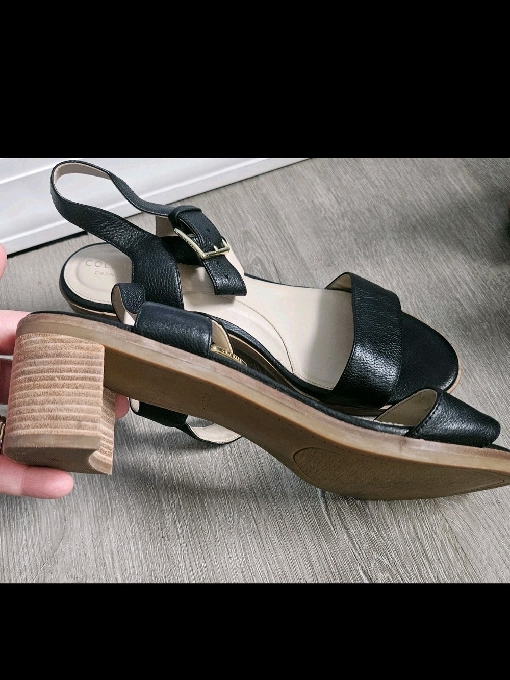 Cole Haan Anette Black Tumbled Leather Ankle Strap Block Heel Sandal 8.5 - Picture 4 of 10